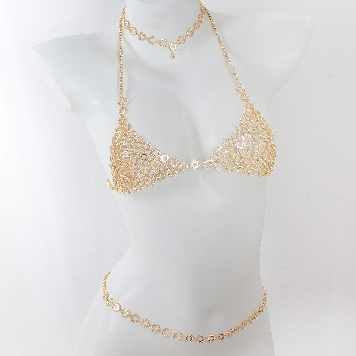 Body Jewelry Bra - ชุดเครื่องประดับแฟชั่นแบบต่อเป็นวงกลมที่ทันสมัยแบบสายรัดเอวติดพลอยเทียมสไตล์หรูหรามีสายโซ่สามชิ้น