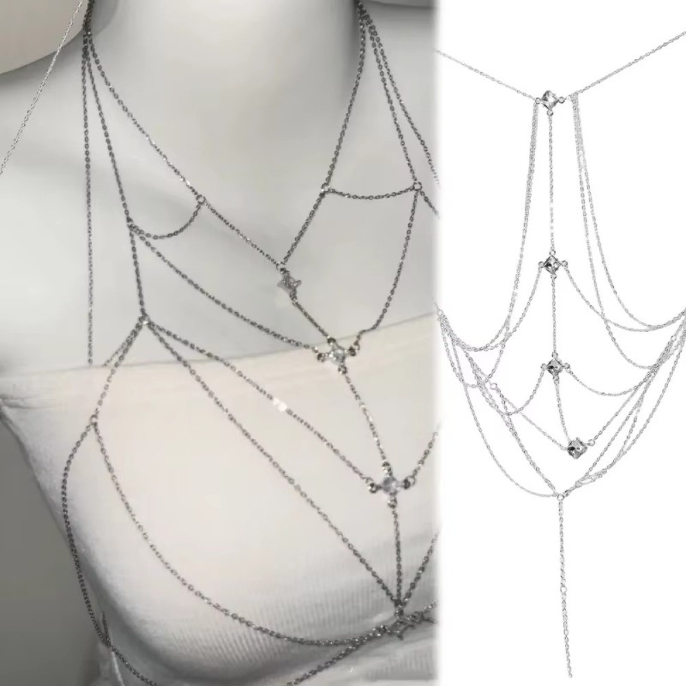 Body Jewelry Trend - สร้อยคอประดับเพชรระยิบระยับแบบหลายชั้น สไตล์หรูหรา สำหรับใส่กับชุดบิกินี่ สร้อยคอแฟชั่นสุดเก๋ สีเงิน เหมาะสำหรับใส่ไปไนต์คลับ