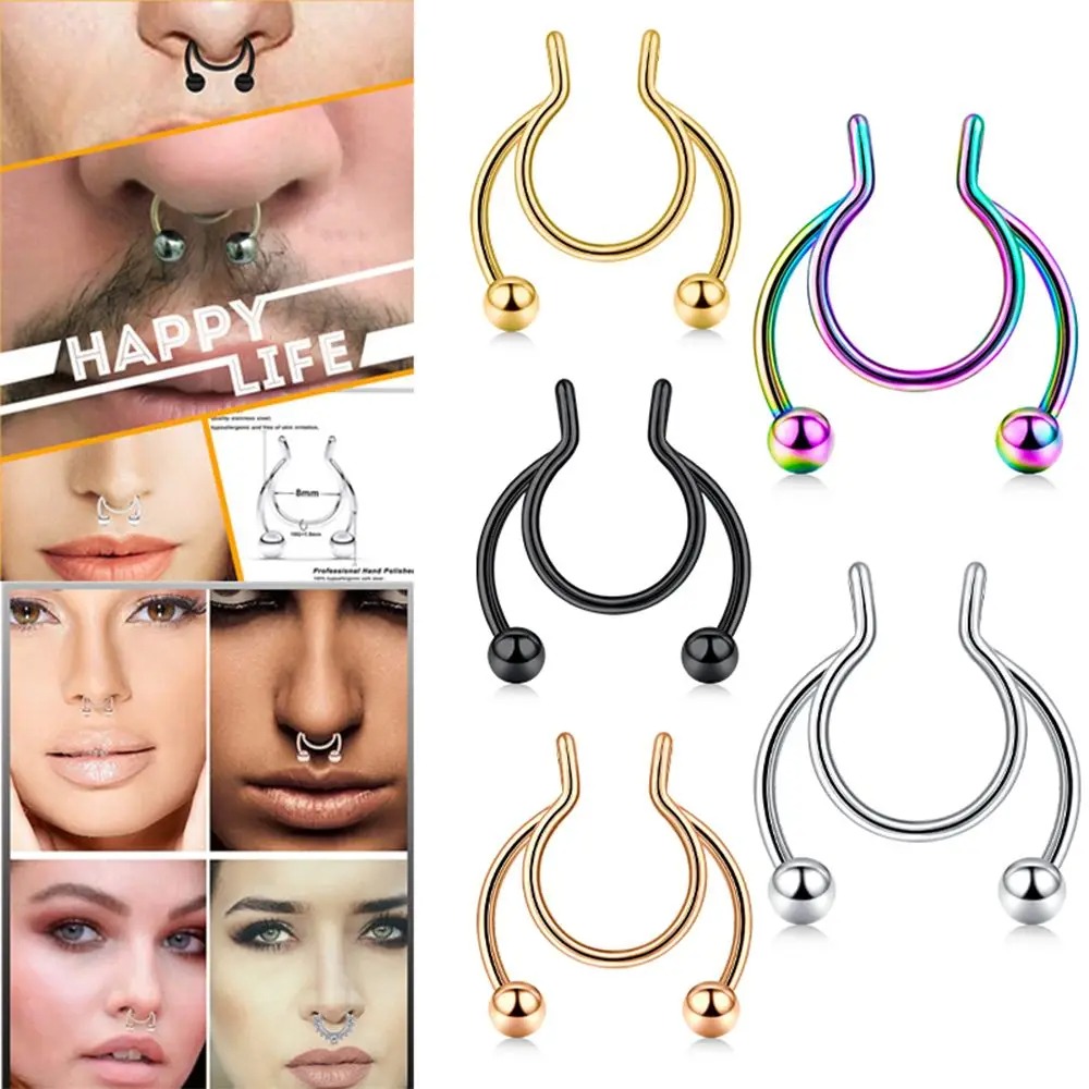 Body Jewelry Septum - แหวนจมูกปลอมสแตนเลส 2 ชิ้น ไม่ต้องเจาะ สีสันสดใส สำหรับผู้หญิงผู้ชาย
