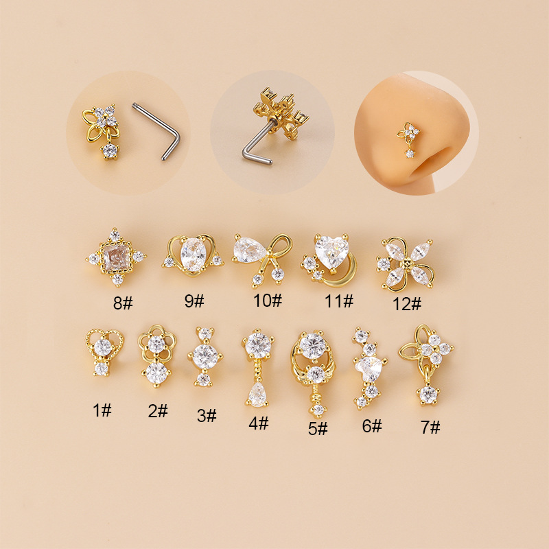 Body Jewelry Septum - จิวเจาะจมูกทรงตัวแอลประดับเพชรคิวบิกเซอร์โคเนีย 20 กรัม ทำจากเหล็กกล้าไร้สนิม 316L สำหรับเจาะจมูก