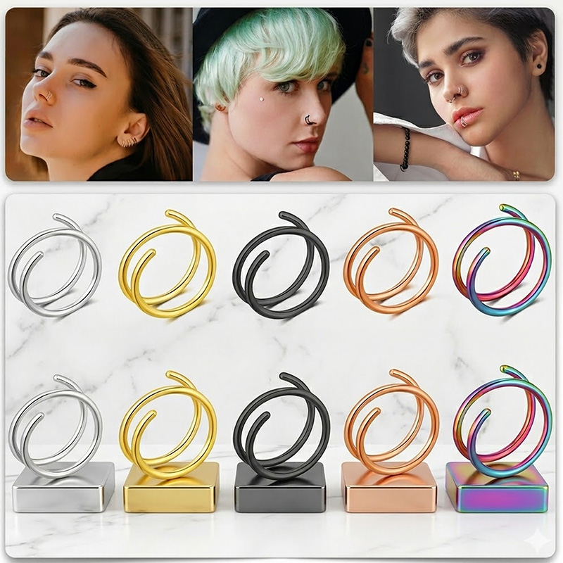 Body Jewelry Lip Ring - แหวนจมูกสแตนเลส 316 แบบเกลียวคู่หรือสองชั้น 1 ชิ้น สำหรับเจาะจมูก