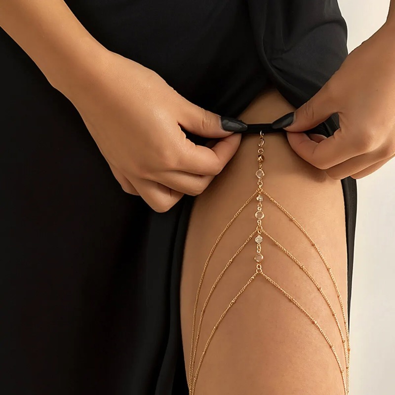 Body Jewelry Thigh Chain - เครื่องประดับร่างกายแบบโซ่คาดต้นขาสำหรับผู้หญิง ฤดูร้อน เซ็กซี่ พู่ห้อยหลายชั้น สายยางยืดปรับได้ ประดับคริสตัล