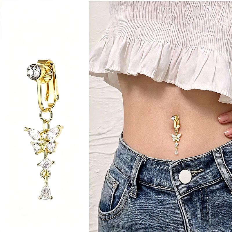 Body Jewelry And Piercing - แหวนสะดือปลอมแบบหนีบ ดีไซน์ผีเสื้อ ประดับเพชร CZ 1 ชิ้น