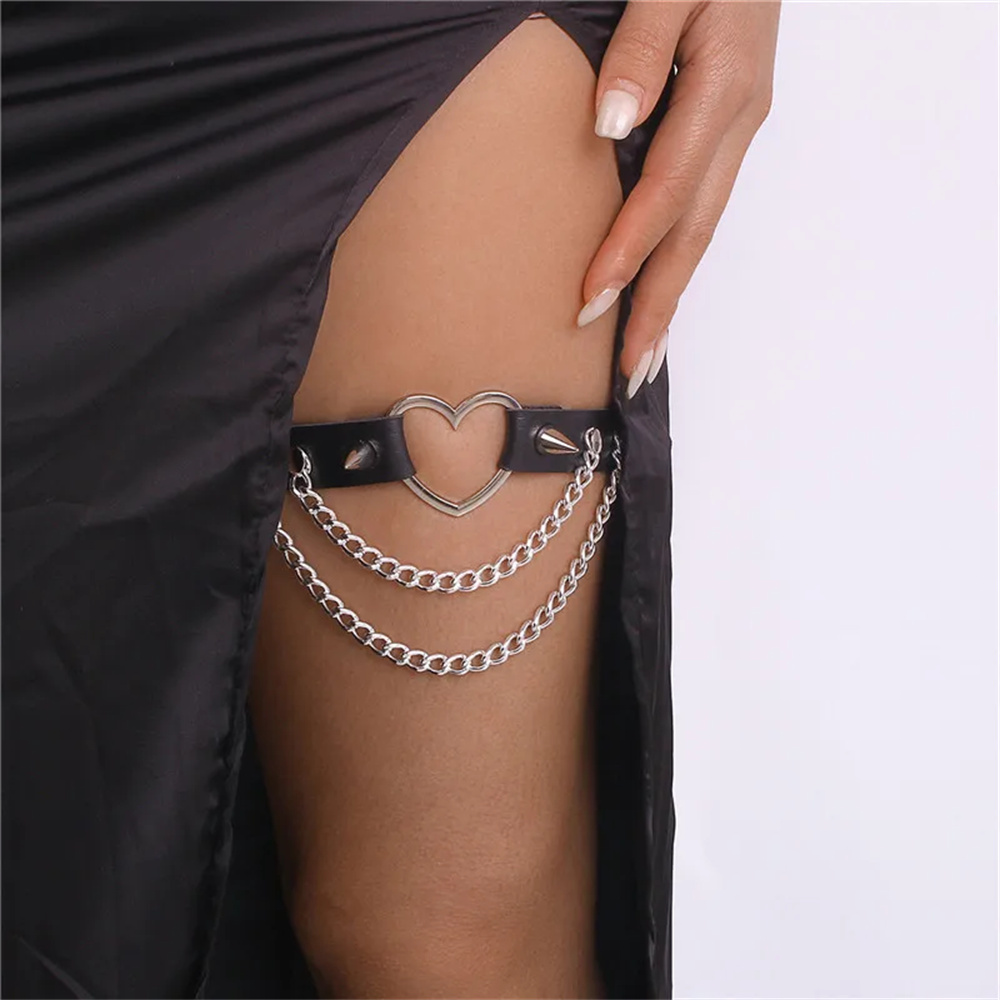 Body Jewelry Thigh Chain - โซ่คล้องขาหนังยืดหยุ่นรูปหัวใจประดับหนาม ปี 2024 สำหรับผู้หญิงและเด็กผู้หญิง สไตล์โกธิค โซ่คล้องต้นขา