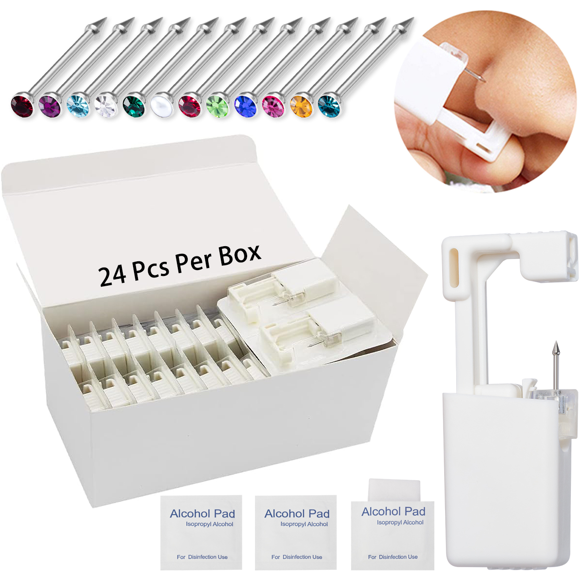 Body Jewelry Jewelry Box - 24 ชิ้น/กล่อง ปืนเจาะจมูกแบบใช้แล้วทิ้ง เครื่องมือเจาะจมูกด้วยตัวเอง ขนาด 20G