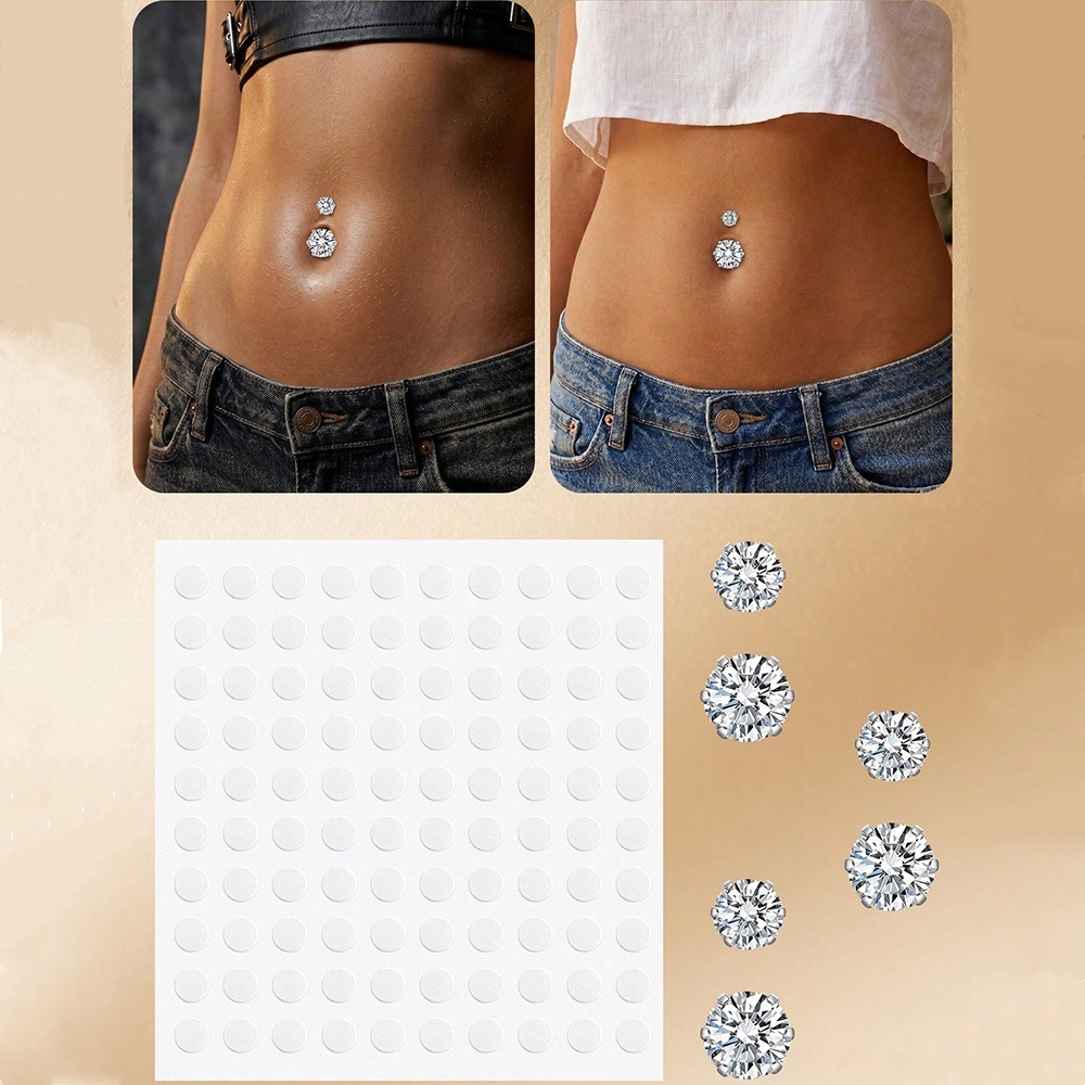 Body Jewelry And Piercing - จิวสะดือปลอม ประดับเพชรคิวบิกเซอร์โคเนีย แบบติด ไม่ต้องเจาะ จิวปลอมสำหรับตกแต่งสะดือ