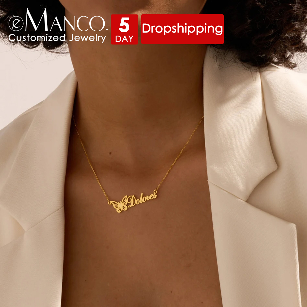 Body Jewelry Wholesale - EMANCO แฟชั่น สร้อยคอชื่อผีเสื้อแบบปรับแต่งได้ สร้อยจี้ตัวอักษรสแตนเลส เครื่องประดับผู้หญิง ขายส่ง