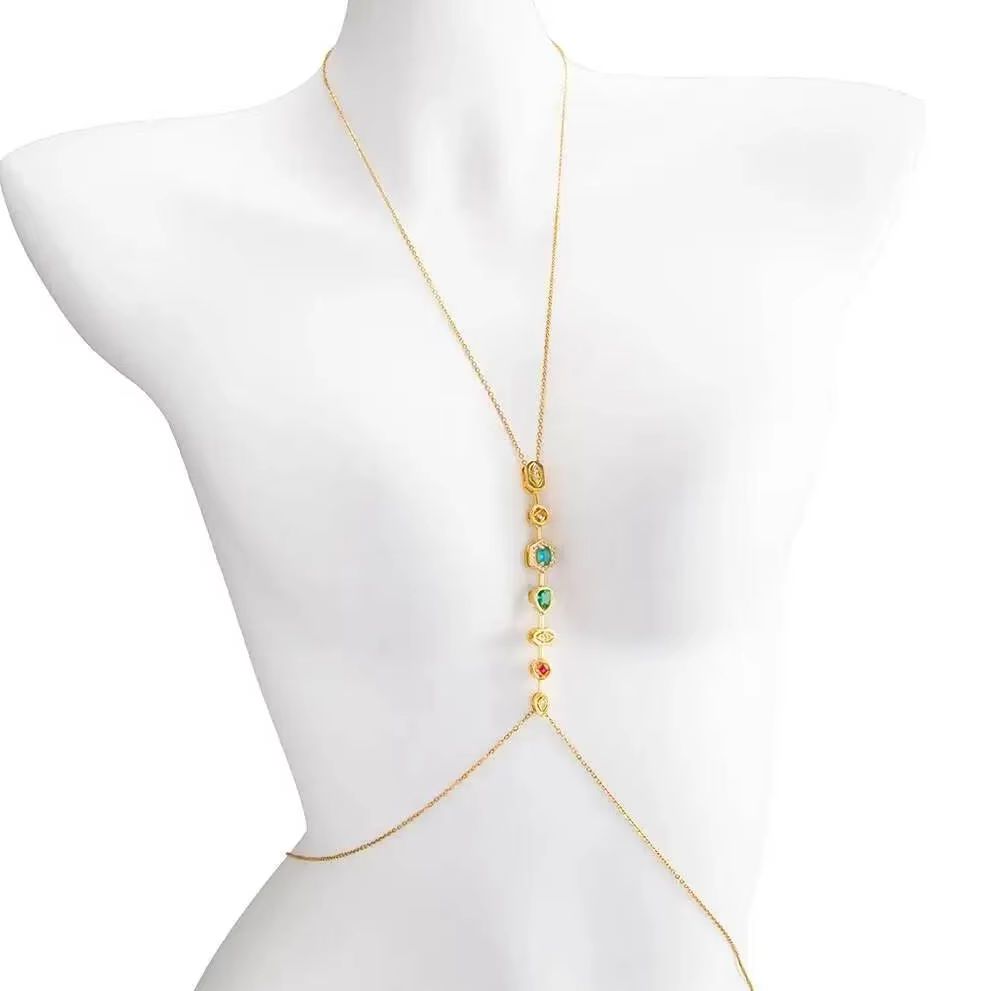 Body Jewelry Waist - พูรุย สร้อยคอและสร้อยเอวสแตนเลสประดับเพทายหลากสีสัน สำหรับผู้หญิง ฤดูร้อน เซ็กซี่ ใส่กับบิกินี่