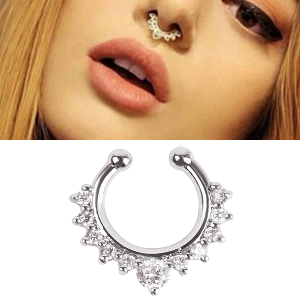 Body Jewelry Septum - แหวนจมูกโลหะผสมดีไซน์ทันสมัยพร้อมคริสตัลเซอร์คอนแวววาว เครื่องประดับจมูกแบบไม่ต้องเจาะสำหรับผู้หญิง เครื่องประดับร่างกายสำหรับงานปาร์ตี้และไนท์คลับ
