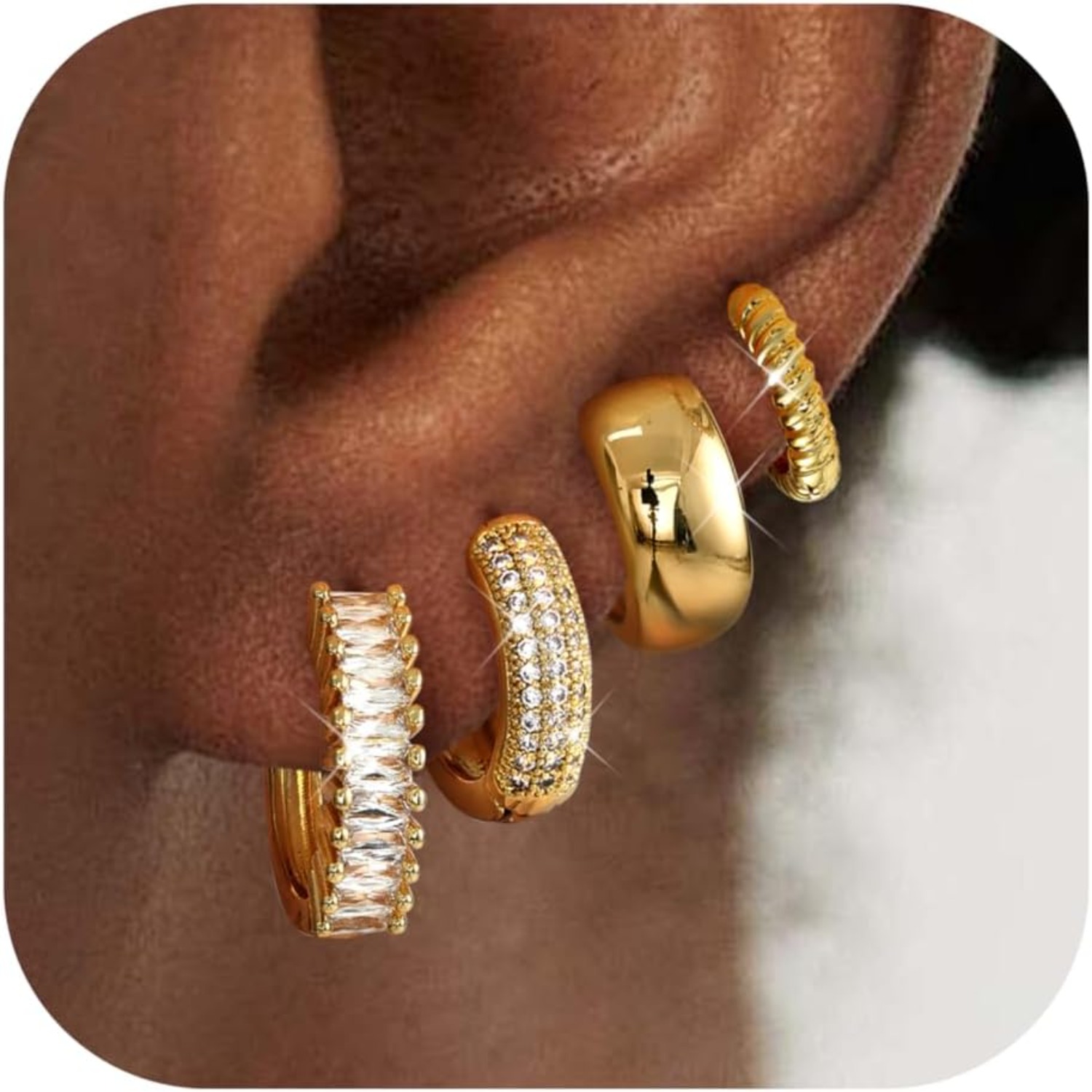 Body Jewelry Trend - ORAZIO ต่างหูห่วงแบบหนา 4 คู่ ชุบทอง 14K