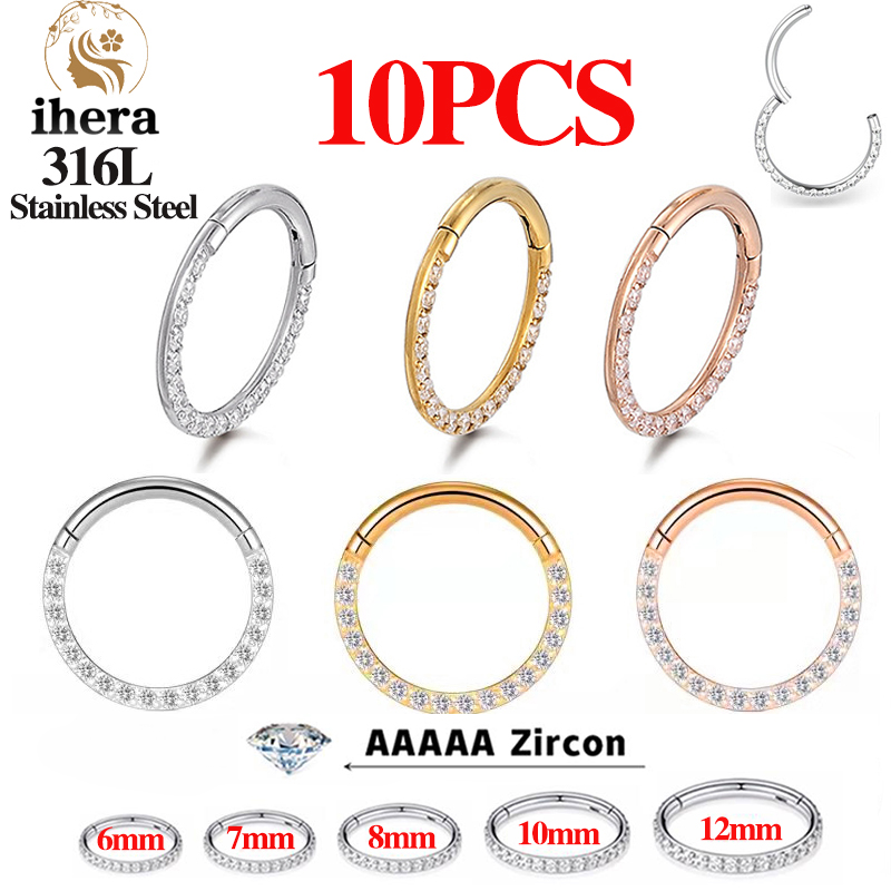 Body Jewelry Septum - 1/10 ชิ้น ต่างหูสแตนเลสแบบคลิกเกอร์สำหรับจมูก ประดับเพชร CZ ทรงกลม