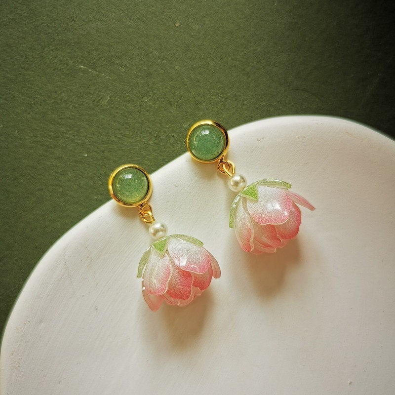 Body Jewelry Wholesale - ต่างหูรูปดอกบัวแบบหยดน้ำ ดีไซน์เฉพาะตัว สำหรับผู้หญิง สีชมพู สวยสง่า สไตล์จีน