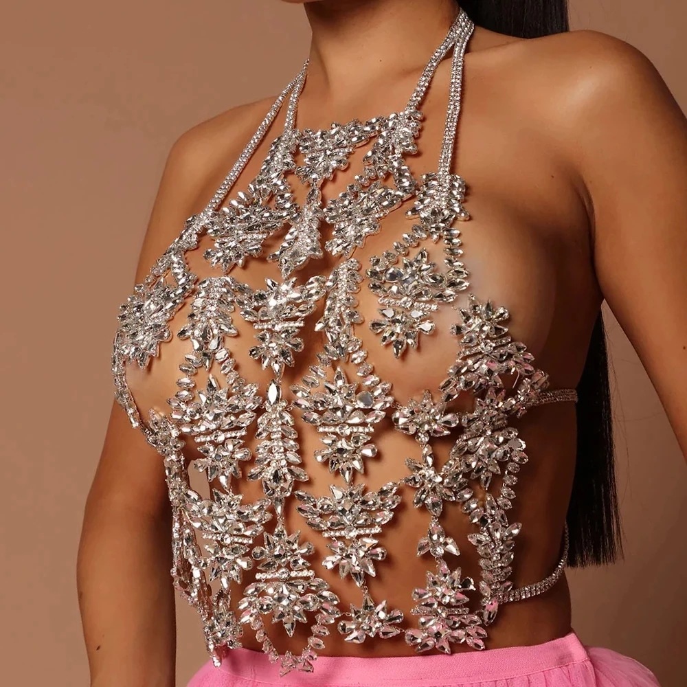 Body Jewelry Trend - เครื่องประดับร่างกายผู้หญิงแฟชั่นเซ็กซี่สลิงดอกไม้แบบบิกินี่ไนท์คลับพรรคชุดชั้นในโซ่หน้าอกโซ่แนวโน้มR Hinestoneร่างกายโซ่