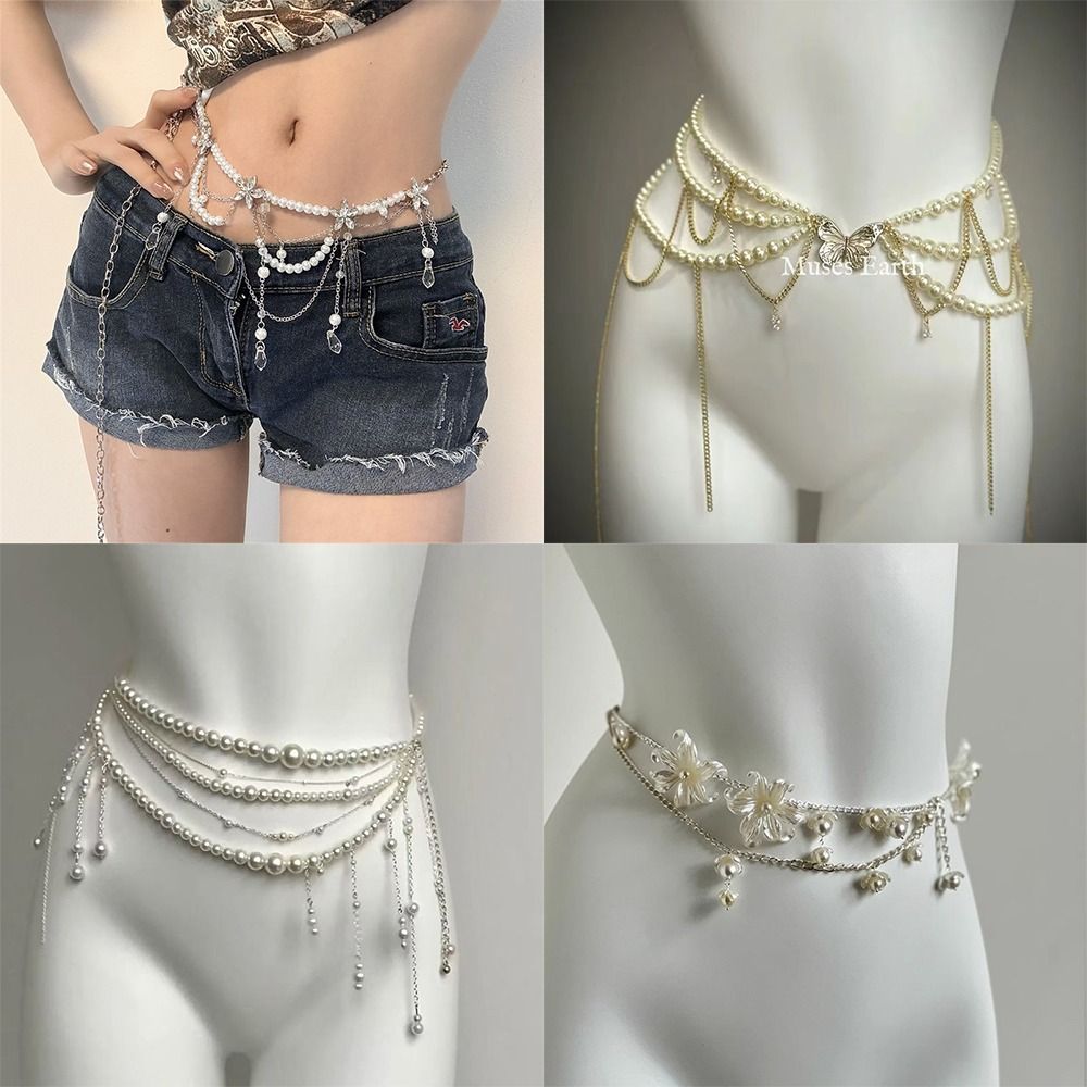 Body Jewelry Ends - โซ่คาดเอวไข่มุกแฟชั่นสุดหรู เครื่องประดับเอวอเนกประสงค์ ลายดอกไม้ โบฮีเมียน สำหรับผู้หญิง